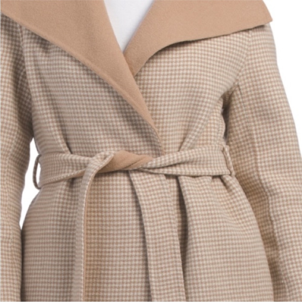 ELIE TAHARI Wool Mini Houndstooth Oversized tan brown Collar Belted Wrap Coat L - Picture 3 of 9